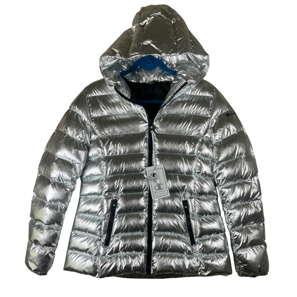 Champion Outdoor Tech-Fill Puffer Jacket Metallic Silver Hooded Womens Large NWT